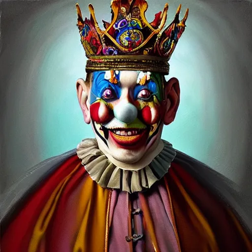 Prompt: “ an oil painting portrait of a clown wearing medieval royal robe and an ornate crown on a colorful background ” digital art, concept art, highly detailed, 3 - d 4 k, trending on art station, award winning, mark brooks,