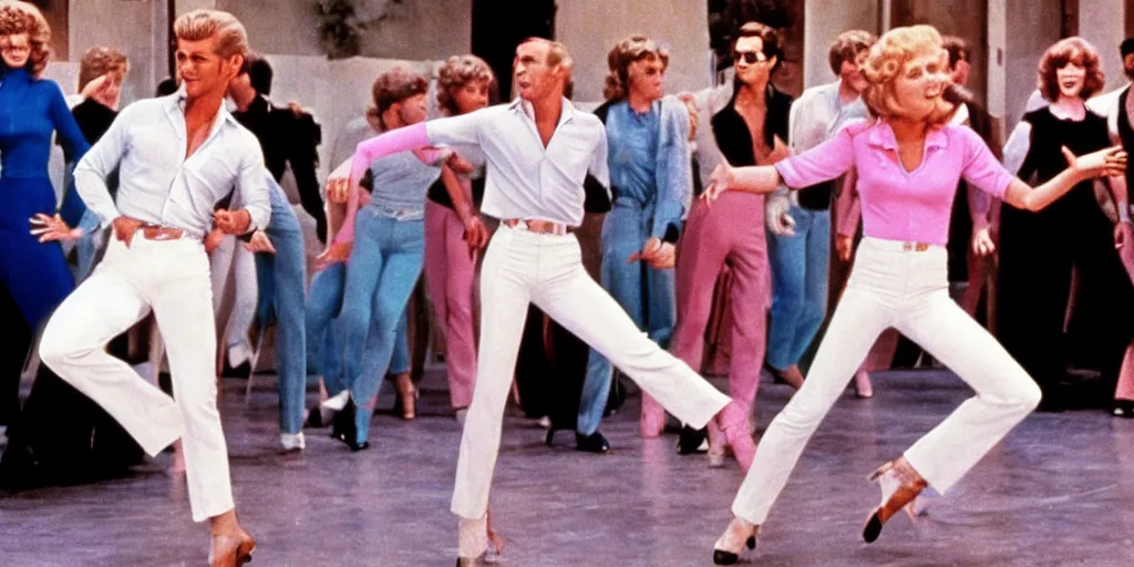 Prompt: Still of Grease (1976) featuring a tap dance by Fred Astaire and Ginger Rogers, cinematic, technicolor