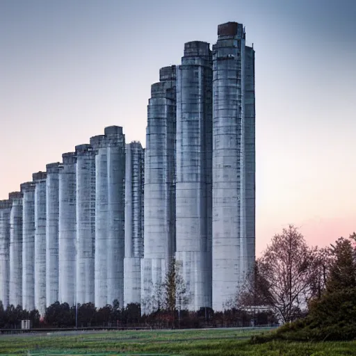 Prompt: a wide shot of a soviet beautiful brutalist monumental multi - building industrial complex, tall buildings with spaceship parking lots on top, with many rounded elements sprouting from the base tower creating a feel of an organic structure, photography shot at blue hour