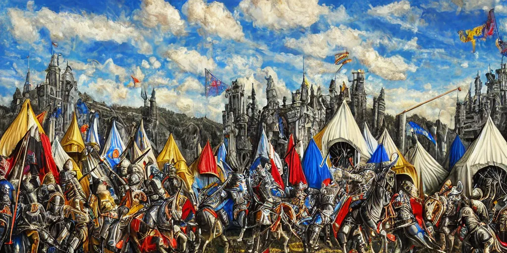 Image similar to h. r. giger style painting of medieval knights jousting, grand castle tournament grounds, colorful knight tents setup with unique sigils and banners, beautiful partly cloudy day