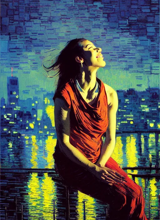 Image similar to portrait of a beautiful girl, new york backdrop, smiling, ecstatic, eyes closed, open mouth, sunset shades, beautiful face, rule of thirds, intricate outfit, spotlight, by greg rutkowski, by jeremy mann, by francoise nielly, by van gogh, digital painting