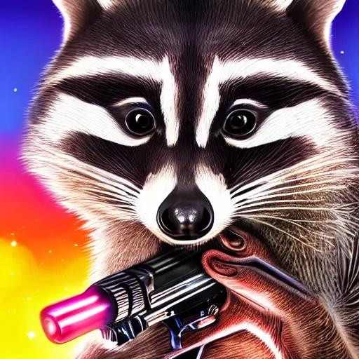 Image similar to racoon holding a laser gun, digital art , centred award winning 4K