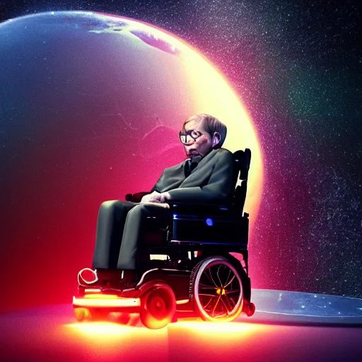 Image similar to Stephen Hawking in his wheelchair floating in almost completely dark outer space, digital art, trending on ArtStation, 3d rendered in octane, blender, epic lighting, highly detailed, smooth, Unreal Engine 5, cinematic, 8k, 4k