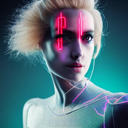 Image similar to A beautiful blonde model who is half of a robot with wires coming out of her head, Cyberpunk, neon, 60s, Sony a7R IV, symmetric balance, polarizing filter, Photolab, Lightroom, 4K, Dolby Vision, Photography Award