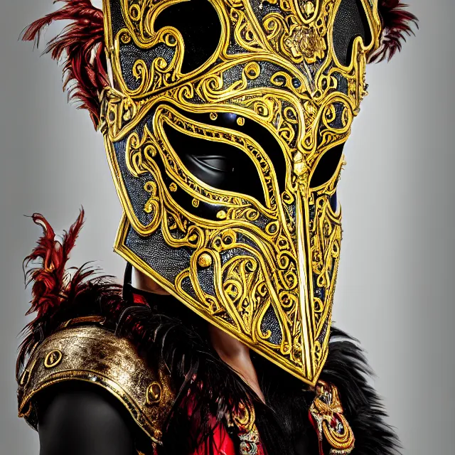 Image similar to full body portrait photo of a female warrior with ornate venetian mask, highly detailed, 8 k, hdr, close up, smooth, sharp focus, high resolution, award - winning photo