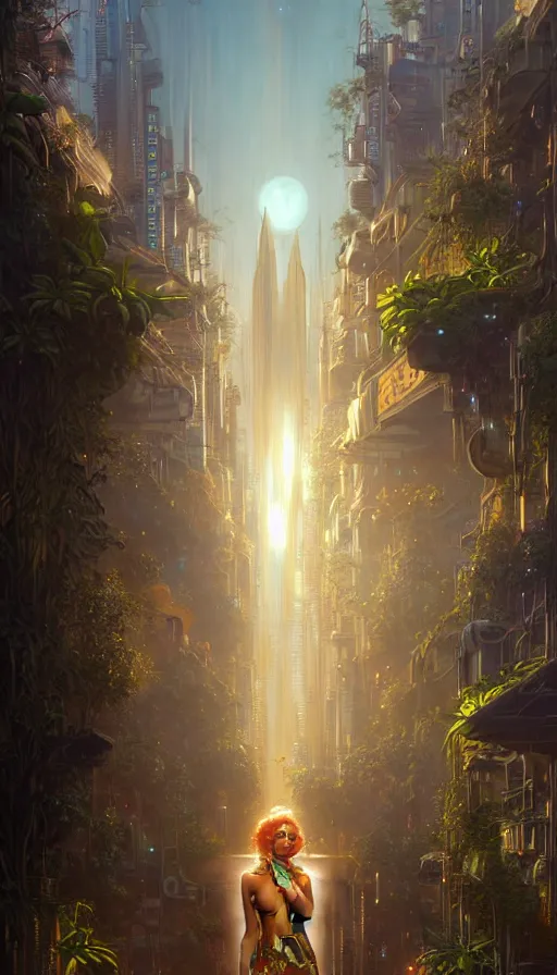 Prompt: golden goddess looking at a hyper realistic cyberpunk city, busy crowded market street overtaken by lush plants, full moon, light rays, gnarly trees by tom bagshaw, mucha, gaston bussiere, craig mullins, j. c. leyendecker 8 k