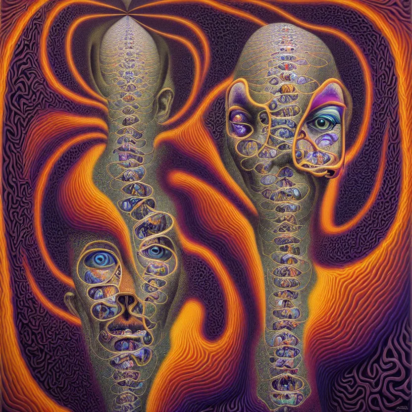 Image similar to infinite fractals of consciousness forming a human face, recursion, surreal, by salvador dali and mc escher and alex grey, oil on canvas, hd, dreams, intricate details, warm colors