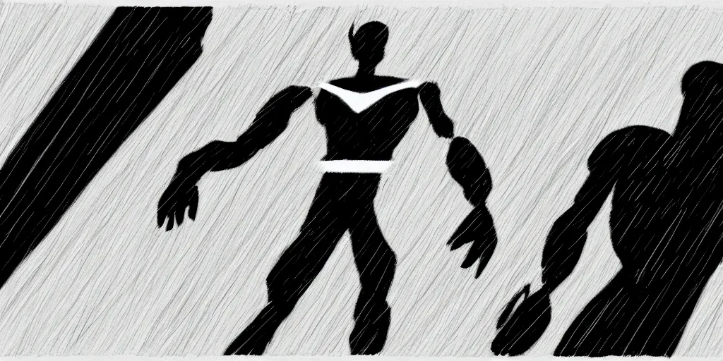 Image similar to a simple black and white pencil storyboard sketch of a giant humanoid athletic sleek futuristic humanoid android powering up as small floating particles swirl around it, lines of energy