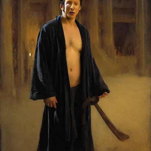 Prompt: detailed realistic cinematic wide shot of beautiful attractive rob schneider vampire man wearing black bath robe slim face symettrical face clean skin black eyes black robe smooth, sharp focus, ultra realistic, spring light, painting by gaston bussiere, craig mullins, j. c. leyendecker