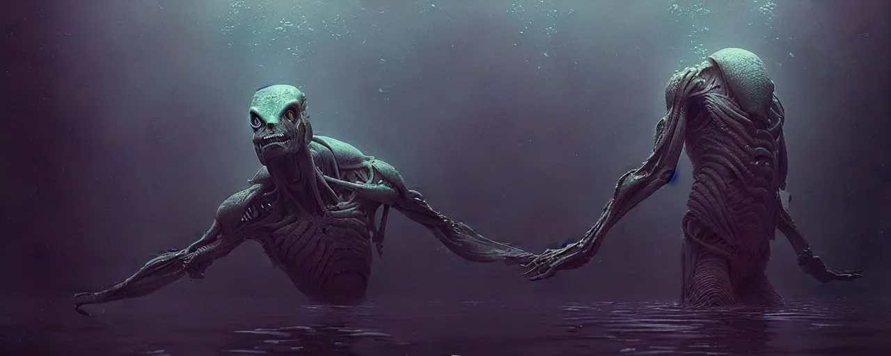 Prompt: ultra realistic horror photo of a dimly lit male alien creature underwater, very intricate details, focus, full frame image, model pose, artwork by tooth wu and wlop and beeple and greg rutkowski, award winning