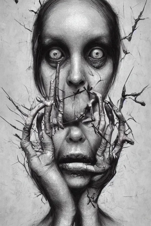 Image similar to surrealism crayon cartoon grunge portrait of a creepy horror nurse girl . intricate artwork. nightmare fuel. terrifying. by zdzisław Beksiński, wlop, dan mumford , trending on artstation, greg rutkowski very coherent symmetrical artwork. cinematic, hyper realism, high detail, octane render, 8k