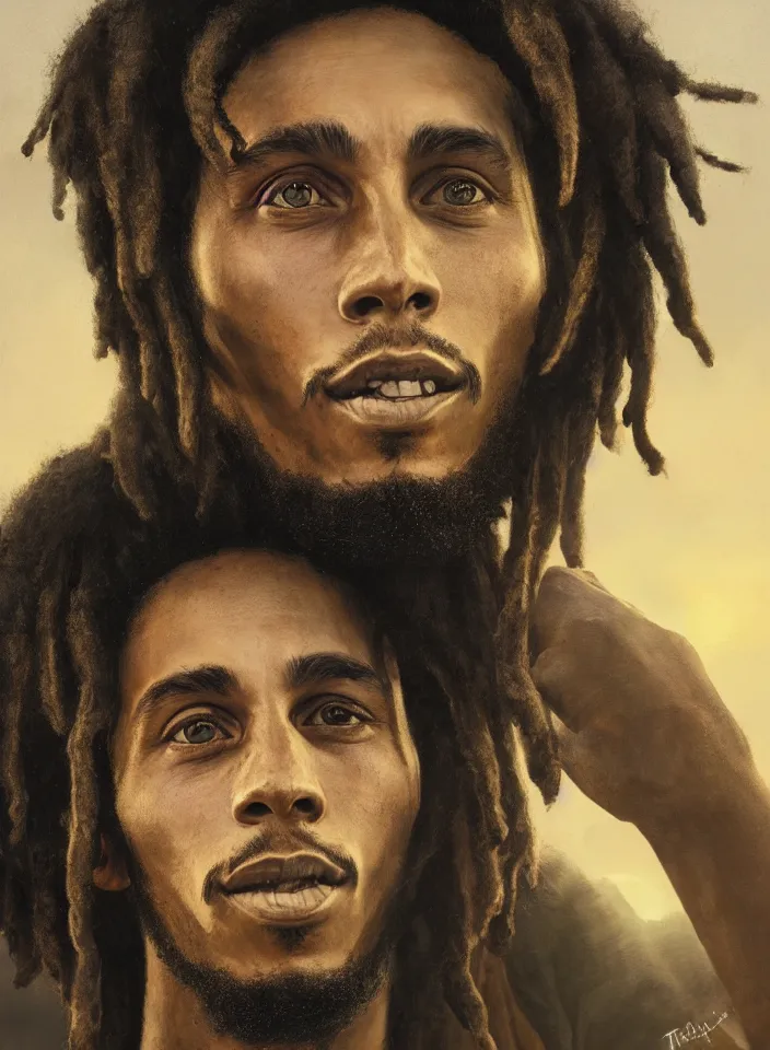 Image similar to closeup portrait of a young bob marley, serene light, gorgeous view, depth, high detail, digital art, painted by greg rutkowski and seb mckinnon, by tim burton, trending on artstation