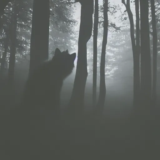 Prompt: a short furry monster with black fur walks out of a misty forest, silhouette, 3 5 mm