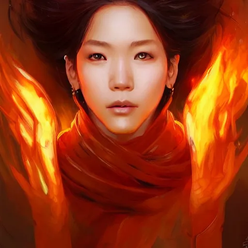 Image similar to Asian female fire elemental, lifelike, portrait, highly detailed, digital painting, artstation, concept art, sharp focus, illustration, cinematic lighting, art by artgerm and greg rutkowski and alphonse mucha