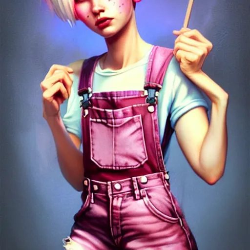 Image similar to full body pose, pixar, beautiful androgynous girl, pink pixie cut hair, torn overalls, short shorts, combat boots, fishnets, beautiful, highly detailed face, true anatomy!, extremely detailed!, digital painting, unreal engine 5, art by tom bagshaw