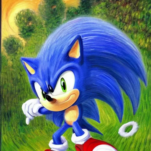 Image similar to sad painting of detailed realistic sonic the hedgehog in the woods at night, in the style of studio ghibli and moebius and claude monet and edward hopper and vincent van gogh