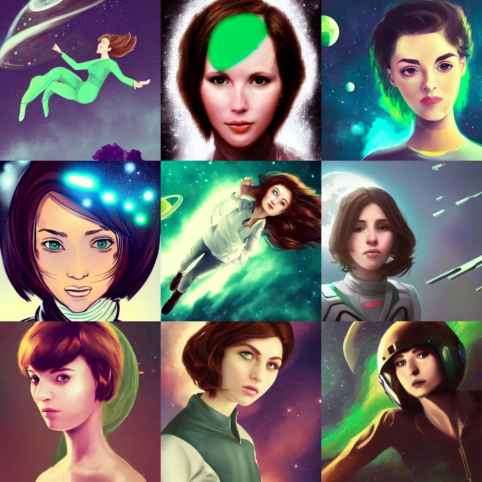 Prompt: a photo of a young woman with short brown hair and green eyes, floating in space, trending on artstation