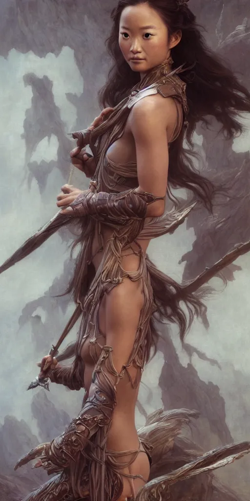 Prompt: jamie chung, beautiful fantasy maiden, dungeons and dragons, masterpiece by edgar maxence and ross tran and michael whelan, frank frazetta, gustav dore, 8 k, octane render