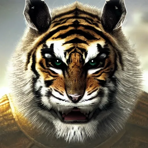 Image similar to a humanoid with cat-like creature in future armor with yellow eyes teeth that protrude past the lower lip sort of like a saber-tooth tiger and fine grayish fur on their face