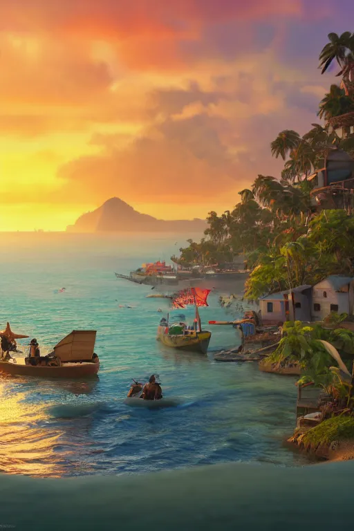 Prompt: landscape of world war 4, moana style with the beach in background, full body. pixar disney 4 k 3 d render funny animation movie oscar winning trending on artstation and behance, ratatouille style
