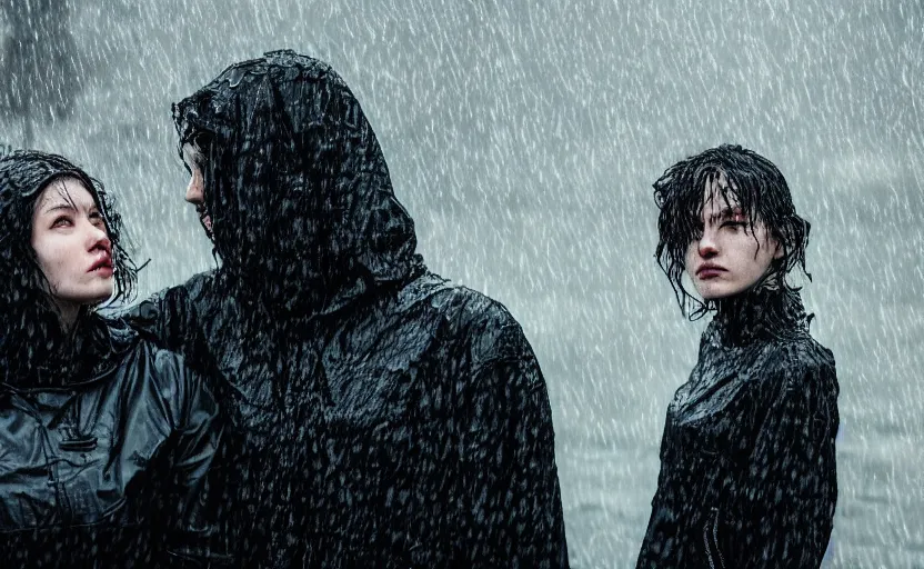 Prompt: cinestill 5 0 d candid photographic portrait by christopher nolan of two loving female androids wearing rugged black mesh techwear in treacherous waters, extreme closeup, modern cyberpunk moody emotional cinematic, pouring rain, 8 k, hd, high resolution, 3 5 mm, f / 3 2, ultra realistic faces, ex machina