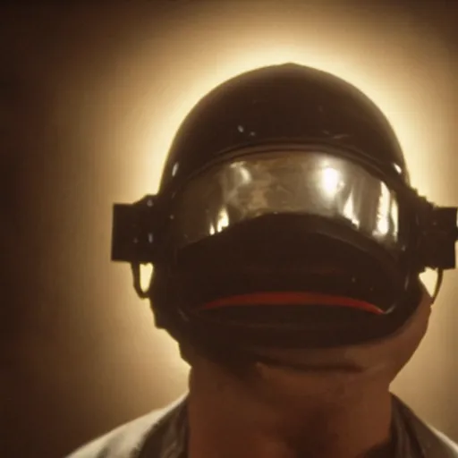 Image similar to movie still of a man with a helmet made of ether, cinematic composition, cinematic light, by edgar wright and david lynch