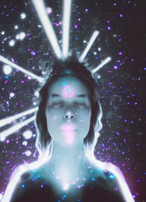 Image similar to female ascending, glowing third eye, particle glowing aura, motion blur, film grain, cinematic lighting, experimental film, shot on 1 6 mm, luminol light