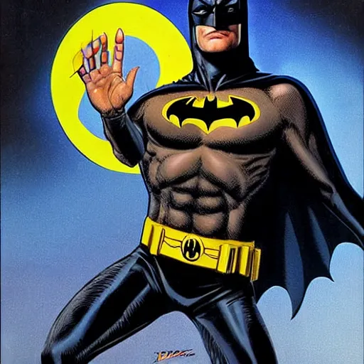 Prompt: young jeff goldblum as batman taking off mask, muscular, batman t shirt, film still, joe jusko, boris vallejo