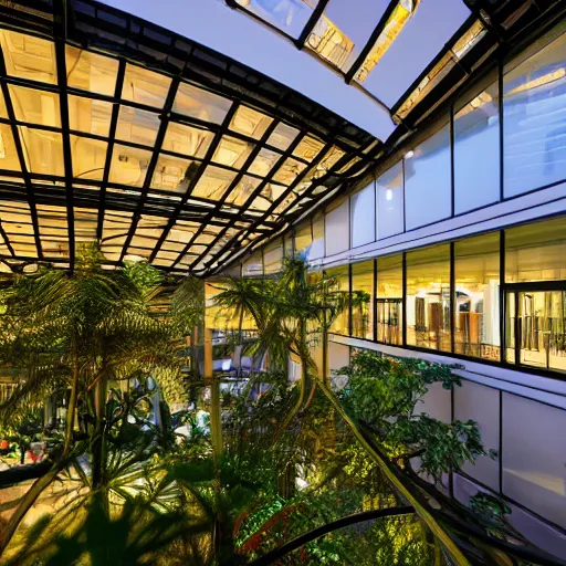 Prompt: The atrium of a refurbished contemporary building filled with tropical plants, project by Kengo Kuma, blue hour, 4k