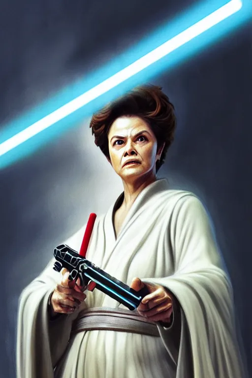 Image similar to breathtaking detailed concept art painting of a jedi dilma rousseff holding a lightsaber, by hsiao - ron cheng, exquisite detail, extremely moody lighting, 8 k