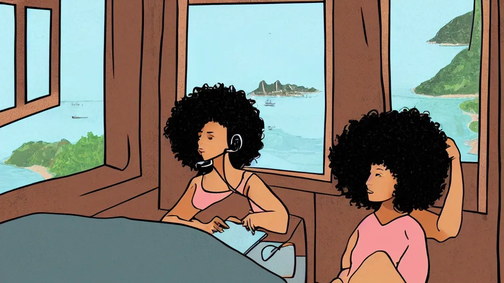 Image similar to black girl, curly hair, with headphones, studyng in bedroom, window with rio de janeiro view, lo-fi illustration style, digital art, alive colors