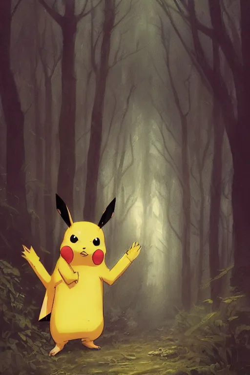 Image similar to Pikachu in the forest, horror, illustrated by Greg Rutkowski and Caspar David Friedrich, Trending on artstation, artstationHD, artstationHQ