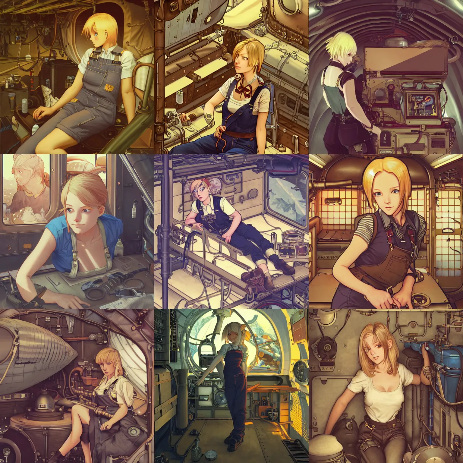 Prompt: portrait of an airship mechanic lying within a cramped and dimly lit bunk, blonde, tank top, overalls, steampunk, highly detailed, cel shading, digital painting, anime key visual, by ilya kuvshinov and artgerm and hayao miyazaki and alphonse mucha