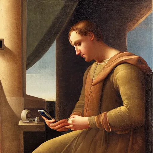 Image similar to a thoughtful wealthy young man sitting on a toilet attentively staring and scrolling on his smartphone, distant thoughtful look, bathrom renaissance scene