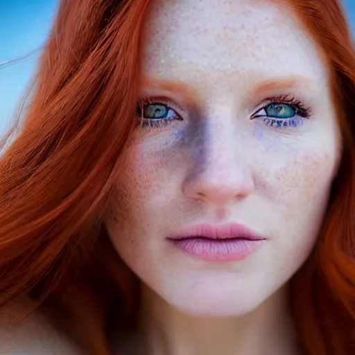 Prompt: close up portrait photo of the left side of the face of a redhead woman with galaxy of stars inside her eyes, she looks directly at the camera. Slightly open mouth, face covers half of the frame, with a park visible in the background. 135mm nikon. Intricate. Very detailed 8k. Sharp. Cinematic post-processing. Award winning photography