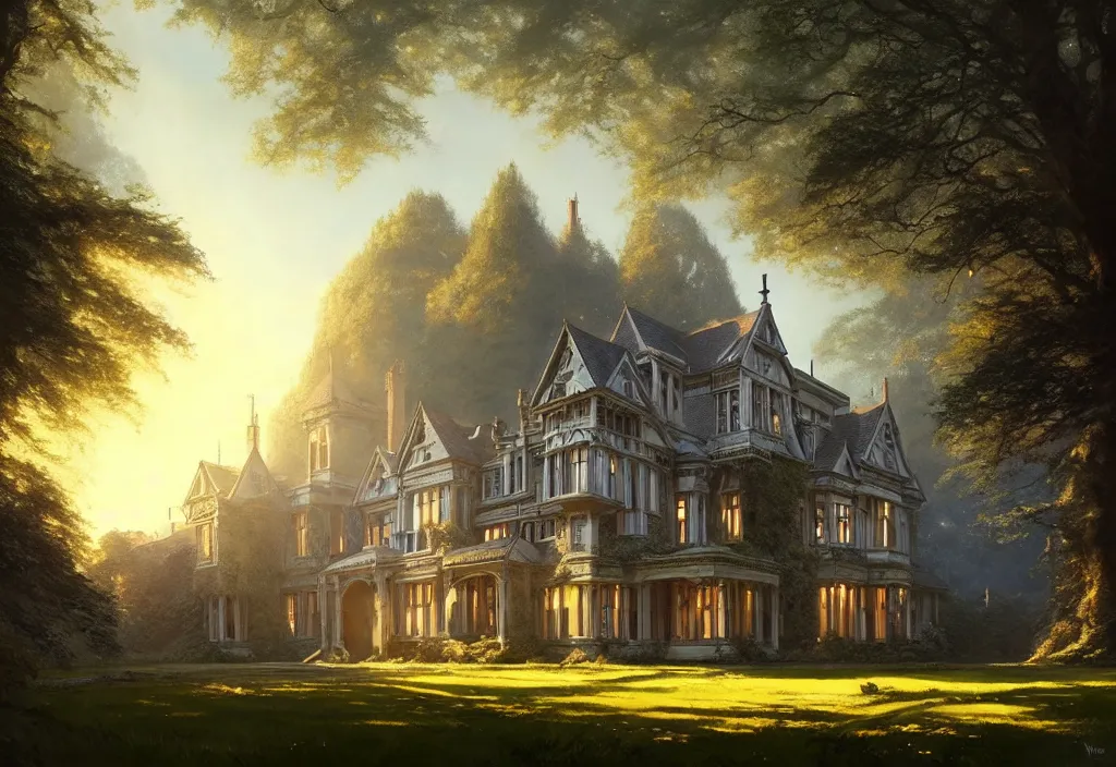 Image similar to a large victorian manor house surrounded by woodland, clear blue sky, cinematic view, concept art, high detail, well lit, volumetric, godrays, vivid, trending on artstation, by jordan grimmer, art greg rutkowski