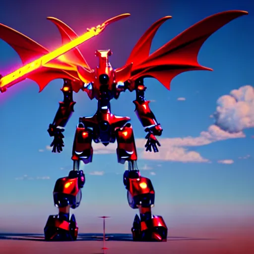 Prompt: a mecha anthro dragon floating in the sky holding a shiny red sword, hyperrealistic, unreal engine, cryengine, 3D