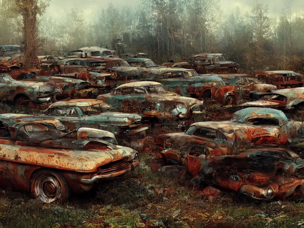 Prompt: an abandoned junkyard in a forrest full of rusty dream cars from the fifties by raymond swanland, 1 6 mm wideangle lens, volumetric lighting, octane render, artstation