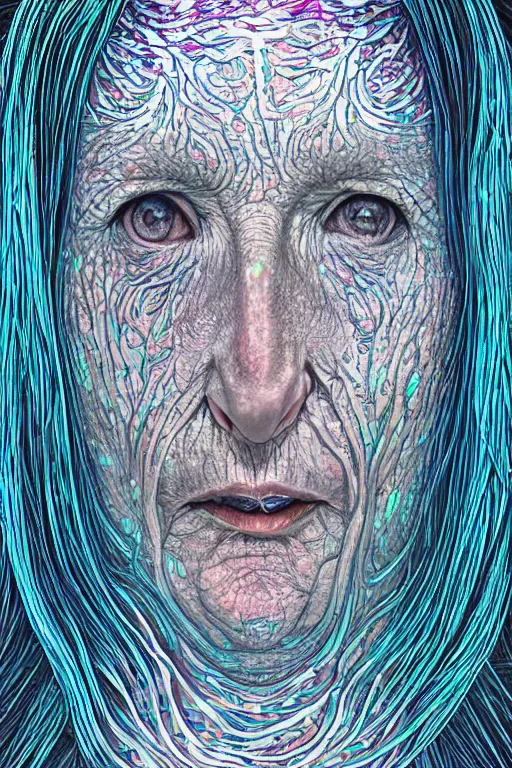 Image similar to dark underwater portrait of one bioluminescent old woman, with cracked reaction diffusion semi - transparent skin. multicolored fish scales, face closeup. long intricate dark hair. good face proportions. with many jellyfishes. very high detail, illustration, by alex grey and ilya kuvshinov