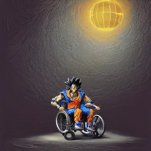 Image similar to Photorealistic goku sitting in a wheelchair in the style of Michael Whelan and Gustave Dore. Hyperdetailed photorealism, 108 megapixels, amazing depth, glowing rich colors, powerful imagery, psychedelic Overtones, 3D finalrender, 3d shading, cinematic lighting, artstation concept art