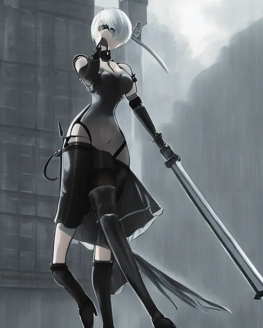 Image similar to 2B from Nier Automata and with slender body type with long hair standing in front of a large building holding a sword, cartoon illustration, trending in artstation, artstationHD, artstationHQ, 8k