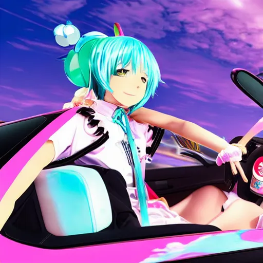 Prompt: Hatsune Miku and Megumin driving down the highway, vaporwave aesthetic