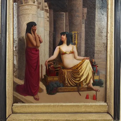 Image similar to an oil pianting of cleopatra hanging out with a man in egypt with fireworks