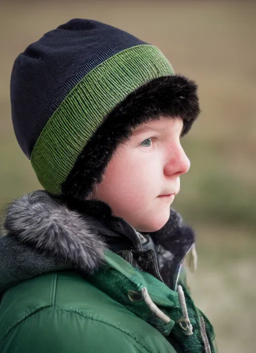 Image similar to portrait photo still of real life young stan marsh wearing a green trapper hat, 8 k, 8 5 mm, f. 1 4