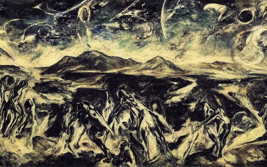 Prompt: complex alien technology that can create a force field, used to protect a planet from incoming asteroids by emile bernard and el greco, hints of german romanticism