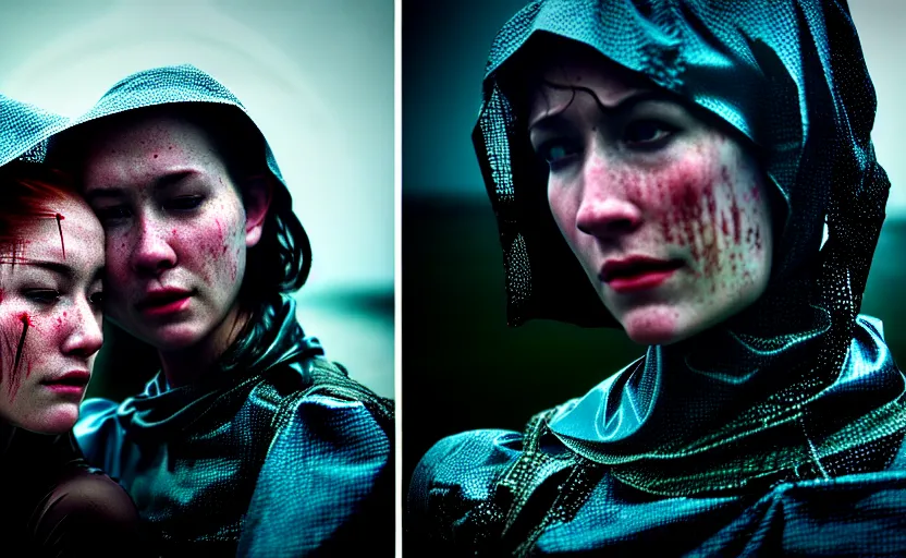 Image similar to cinestill 5 0 d candid photographic portrait by steve mccurry of two loving female androids sobbing wearing rugged black mesh techwear in treacherous waters, flooded city, medium closeup, retrofuturism cyberpunk moody emotional cinematic, pouring iridescent rain bright spotlight helicopter, 8 k, hd, high resolution, 3 5 mm, f / 3 2, ultra realistic faces, ex machina