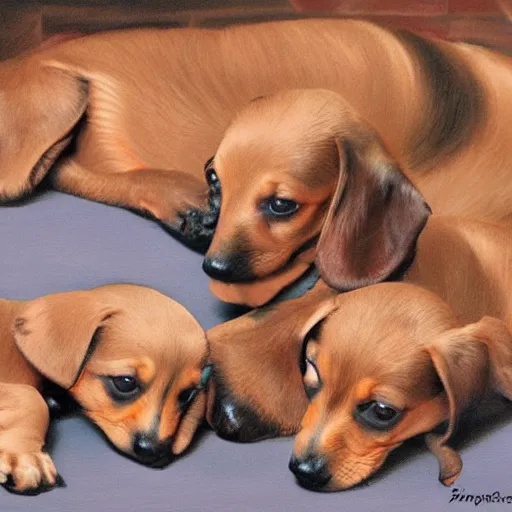 Image similar to color painting of many dachshund puppies cuddling together on the living room floor,