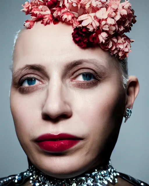 Image similar to Portrait of a Jewish woman, close-up, ice, diamond skin, high sharpness, zeiss lens, fashion photo shoot, flowers, red hair, coral lipstick, on the background black , in semi prakEduard Buba, Annie Leibovitz, Paolo Roversi, David Lazar, Jimmy Nelsson, Eiko Hosoe, artistic, hyper-realistic, beautiful face, octane rendering