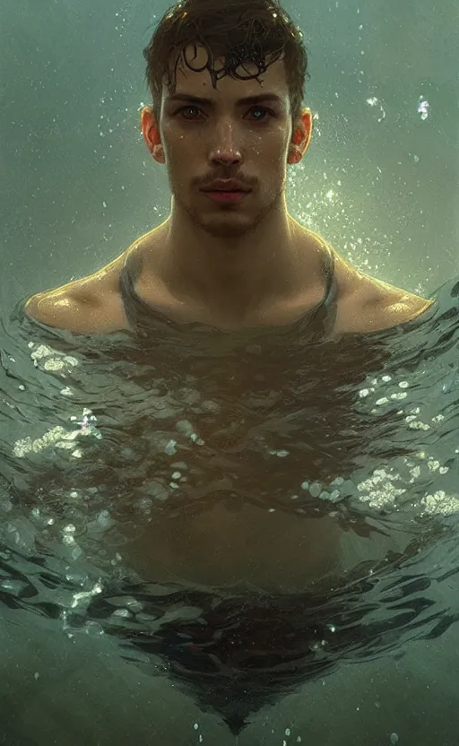 Image similar to a portrait of a drowned man under water, concept art, deep focus, intricate, highly detailed, digital painting, artstation, matte, sharp focus, bokeh, art by greg rutkowski and alphonse mucha