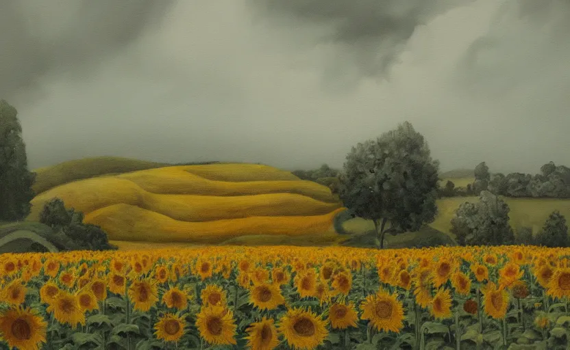 Prompt: A moody painting of an overcast day, clouds, rolling hills, sunflowers, tulips, tree stump, Wes Anderson